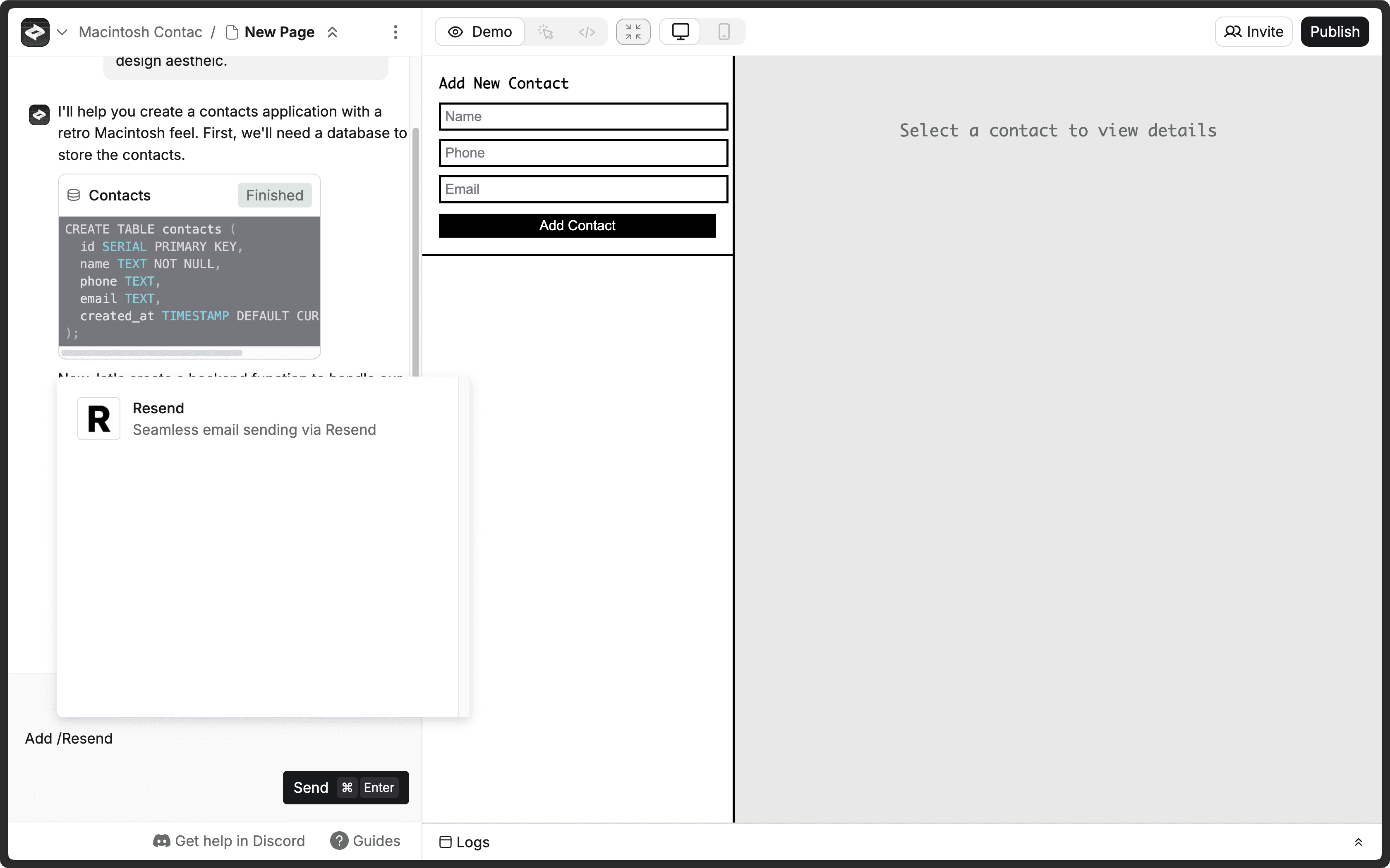 Adding the Resend integration in an Anything chat